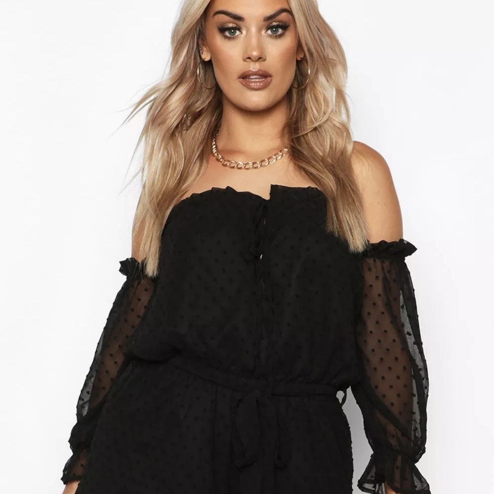 BOOHOO PLUS DOBBY MESH OFF THE SHOULDER RUFFLE ROMPER, Black Size 16